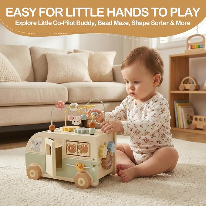 Pithfor Wooden Montessori Toys for 1 Year Old, Push & Pull Car Toys for Baby Toddlers 1 2 3 Year Old, 1st First Birthday Gift for Boys Girls, with Bobbling Driver & Bead Maze