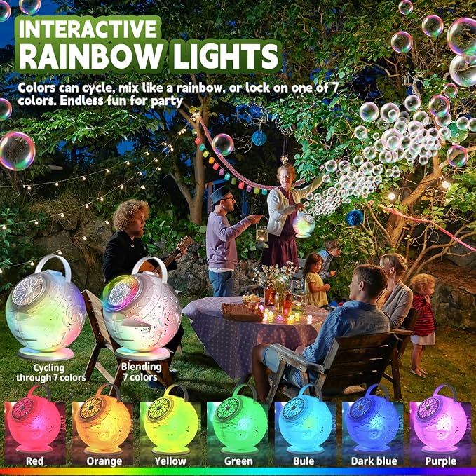Rechargeable Bubble Machine - Auto 90°/360° Rotation, Remote Control(65-131ft), 9-Color LED, Larger Bubbles Design, Bubbles Maker Toys Gifts for Kids, Toddlers, Birthday, Parties, Wedding, Boys, Girls