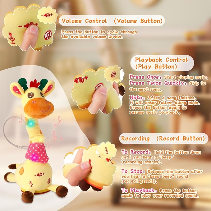 LUKETURE Dancing Talking Giraffe Toy Stuffed Plush, Cute Interactive Talking Giraffe Gift for Girls Boys Kids, Musical Baby Toys Singing 10 Children's Song Repeats What You Say