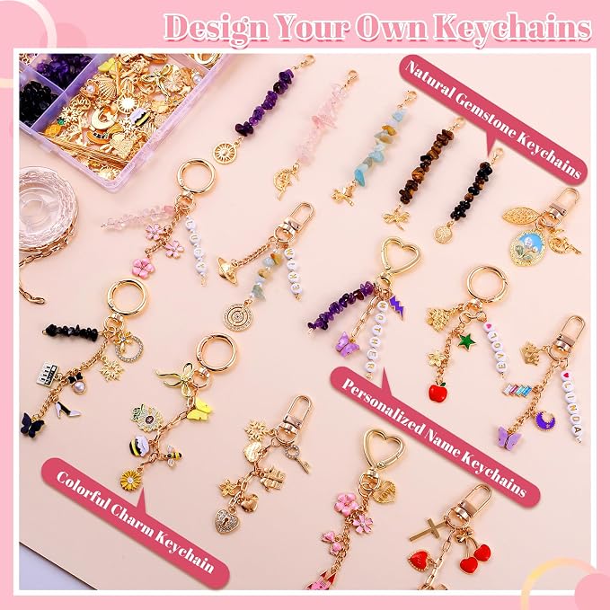 TOHONGADON 907 Pcs Lip Gloss Charms, Keychain Making Kit, Bag Charm Kit with 5 Kinds of Crystal Stones, 343 Charms, 24 Keychain Clips, Key Ring Jewelry Plier, Extender Chain for DIY Crafting