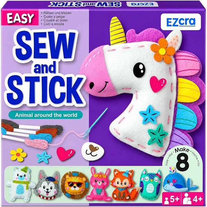 EZCRA Unicorn Sewing Kit for Kids Ages 4-8 - Learn to Sew Craft Kit - 8-in-1 Beginner Sewing Projects for Girls - Gift for Kids with Full Instructions & Felt Stickers