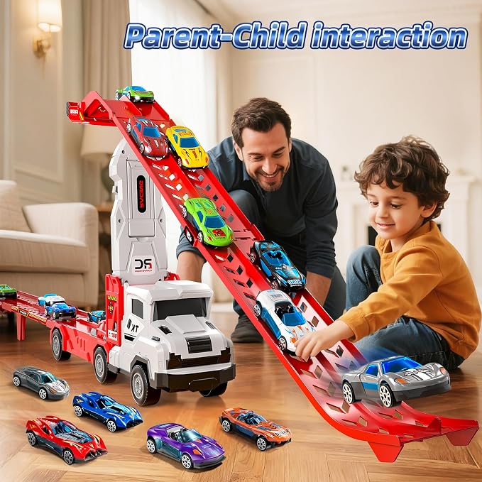 Transport Truck Toys for 3 4 5 6 7 Years Old Boys,Toys Cars Track Set Transporter Trucks with 12 Die-Cast Car Toys 2 Race catapults Dual-Track Model,Toddler Car Toy Set for Kids Boys Girls