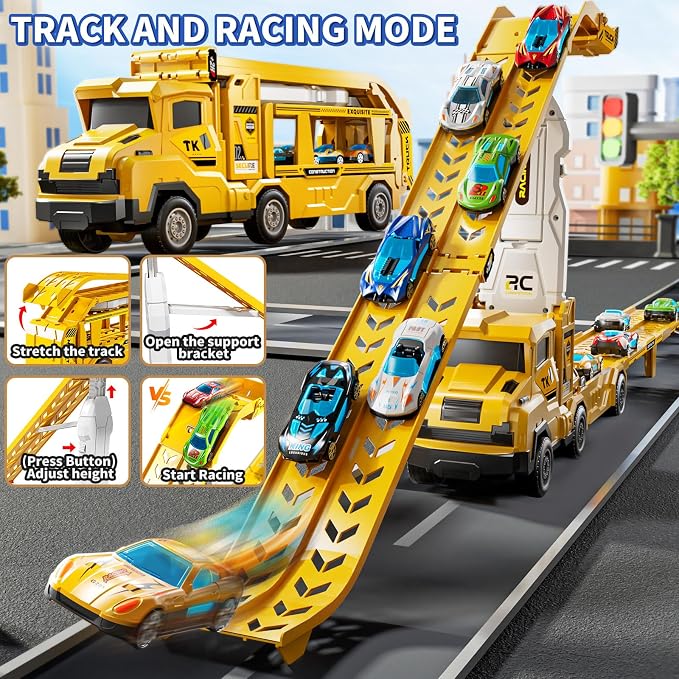 3-in-1 Kid Carrier Truck Toy Car Tracks for Toddlers 2-4 Years Old with 12 Racing Cars Toys, Foldable Chasing Race Track and Car Garage, Car Ramps Birthday Gift for Boys Girls 3-5 4-8(Yellow)