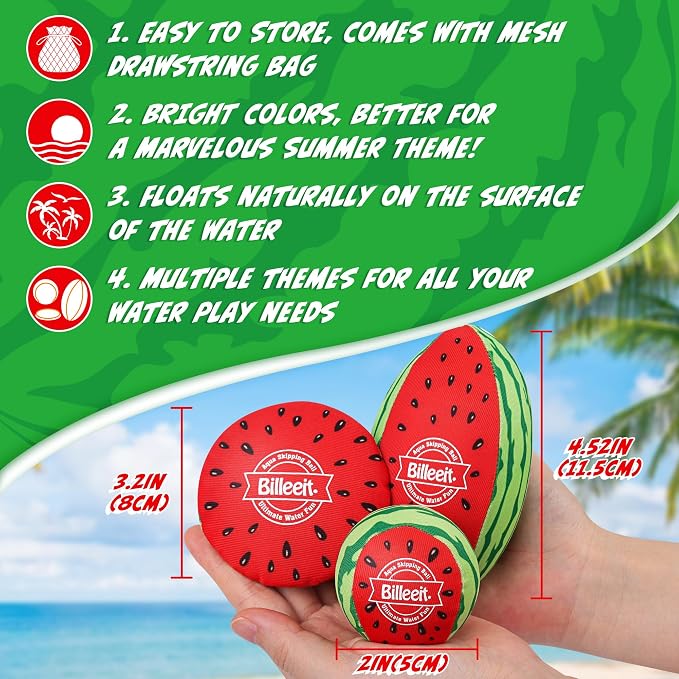 Billeeit 5Pcs Water Skipping Balls for Pool, Beach, Lake, River, Ocean Play, Floating TPR Bouncing Ball for Kids 3+ and Adults with 1 Football, 2 Round Balls, 2 Discs and Mesh Bag (Watermelon Theme)