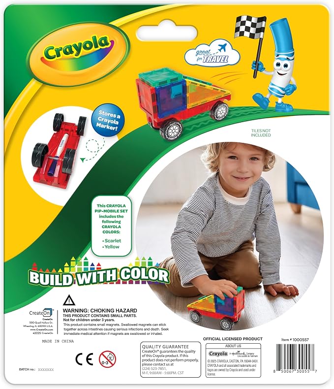 Crayola PIP-Mobiles Rolling Chassis Accessory for Magnetic Building Tiles – Add Wheels to Crayola PIP-Tile Sets – STEM Learning Toy for Kids Ages 3+ – Creative Educational Travel Toy - 2-Pack (Bold)