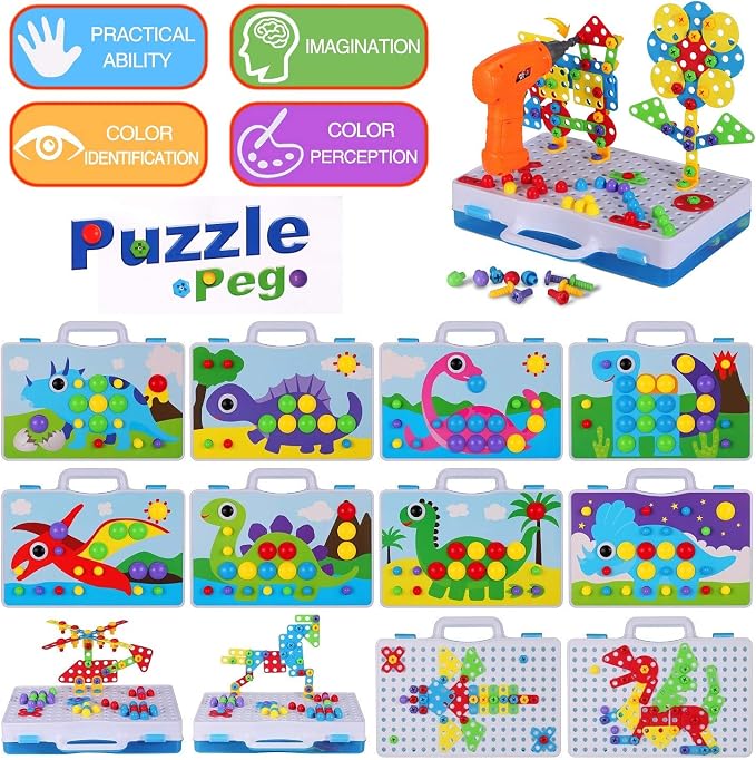 224 PCS STEM Building Toys for Kids Ages 4-8, Creative Mosaic Drill Set with Electric Drill & Screwdriver, 2D/3D Building Blocks Kit, Educational Birthday Gift for 5 6 7 8 9 10 Year Old Boys Girls