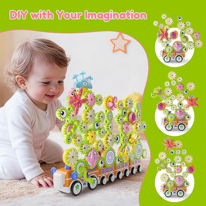 Gears Building Toys for Kids Ages 3+, STEM Construction Set for Toddlers, Train and Flower Models with Electric & Manual Modes, Lights and Music, DIY Educational Learning Toys Gift for Boys and Girls