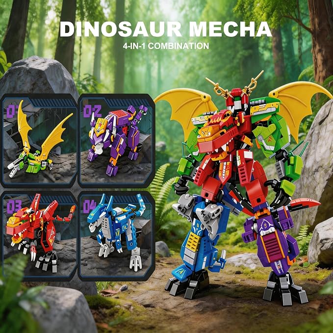4-in-1 Dinosaur Mecha Robot Building Block Set, 4 Animal Shapes Transformable Mech, Cool Creative Robot Toy Gift, Suitable for Boys & Kids Over 6 Years Old(904 PCS)