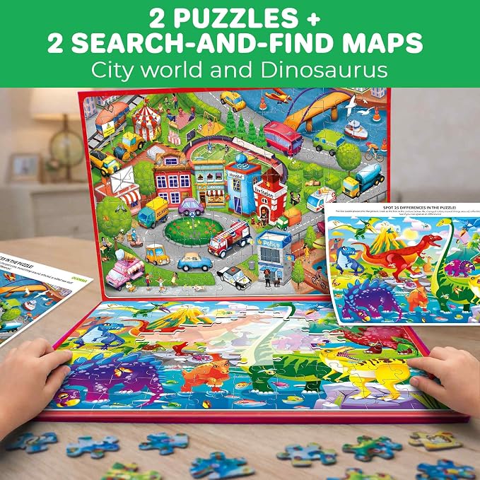 QUOKKA Magnetic Puzzles for Kids Ages 4-6 – 100 PCS Magnetic Puzzle Book for Toddlers 3-5 – 2 Puzzles & 2 Spot The Difference Maps – Search & Find Travel Games – Activity Book Dinos & City Cars