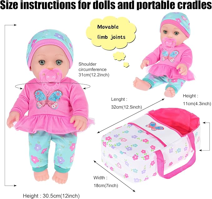ebuddy 12 inch Baby Doll and Accessories-Reborn Baby Dolls Real Life Baby Dolls with 1 Sets Clothes,Carry Basket,Bunny Plush Toy,Pacifier, Bottle