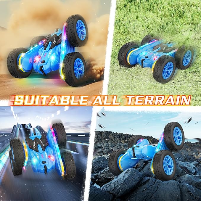 Terucle Remote Control Car, Rc Cars Stunt Toys New Upgraded Strip Lights and Headlights Toys Double-Sided 360° Rotating 4WD Drift Truck for Boys Girls Birthday Gift (Blue)