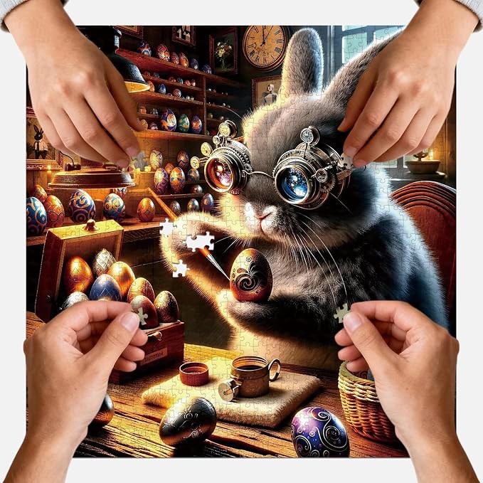 Jigsaw Puzzle for Adults, Steampunk Bunny Painting Easter Eggs | Fantasy Art, Impossible Puzzle for Family, Whimsical Wall Decor Gift for Animal & Craft Lovers, 1024 Piece, 23.86" x 23.86"