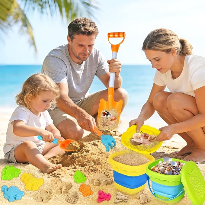 AuroTops Beach Toys for Kids,Collapsible Beach Buckets and Shovels Set with Mesh Bag,Sand Rake Toy,Cute Sand Molds for Kids and Toddlers Outdoor Toys,Summer Travel Beach Game Set
