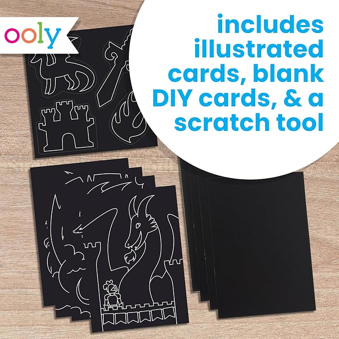 Ooly Scratch & Scribble Travel Crafts for Kids – 1pc Art Kit, Portable Car & Airplane Activity, 8 Scratch Cards + Wooden Stylus + Stickers, Ages 6+ – Dragons