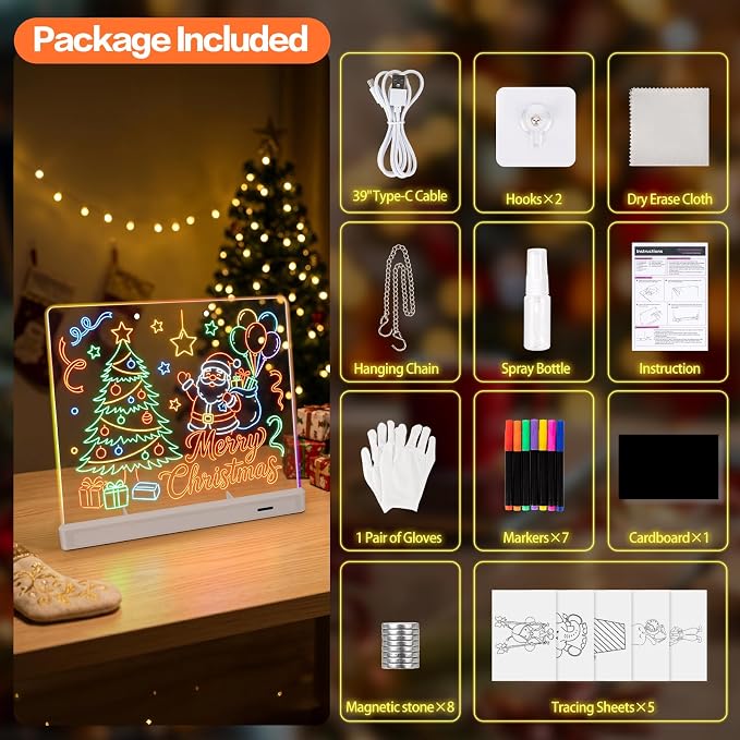Rechargeable 16" Led Drawing Board for Kids Doodle Glow LED Note Board 7 Colors, 4 Modes, 7 Marks Light Up Pad Art Kit Kids Toy, Birthday Gift for Boys, Girls, Teens (White)