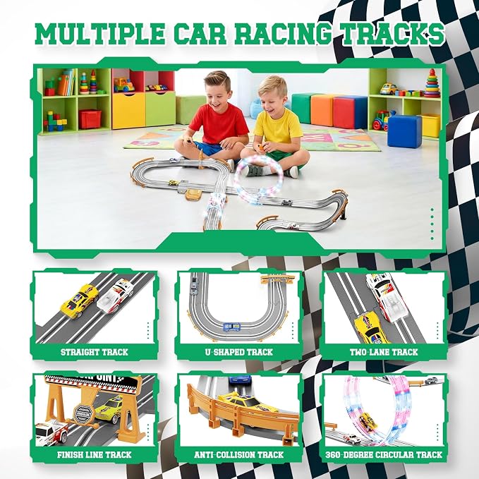 18.04ft 2-in-1 Slot Car Track Sets Toy - with 4 Cars, Battery or Electric Car Track Set with Dual Racing Game, Flash Circular Track, Lap Counter,Birthday Xmas Gifts Toys for Boys(S2-Charcoal)