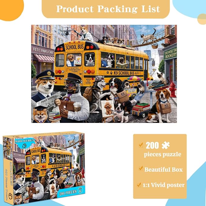 Puzzles for Kids Ages 6-8 8-10 Year Old - Colorful Bus Dog Puzzle, 200 Pieces Jigsaw Puzzles for Kids, Learning Educational Toys for Boys and Girls