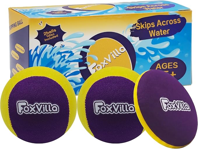 FoxVilla Water Skipping Ball Set - Includes 2 Water Bouncing Balls & 1 Flying Disc - Skips Across Water - Perfect Summer Pool, Beach, and Lake Toys for Kids (Ages 5+), Teens & Adults (Orange Purple)