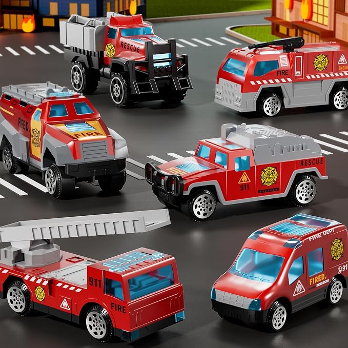 NIPLOOOW Fire Toys for 3 4 5 6 Years Old Boys Girls Kids, Die Cast Metal Fire Truck Toys W/Play Mat, Rescue Emergency Fire Truck Car Toy, Toddler Car Toy Christmas Birthday Gifts for Boys