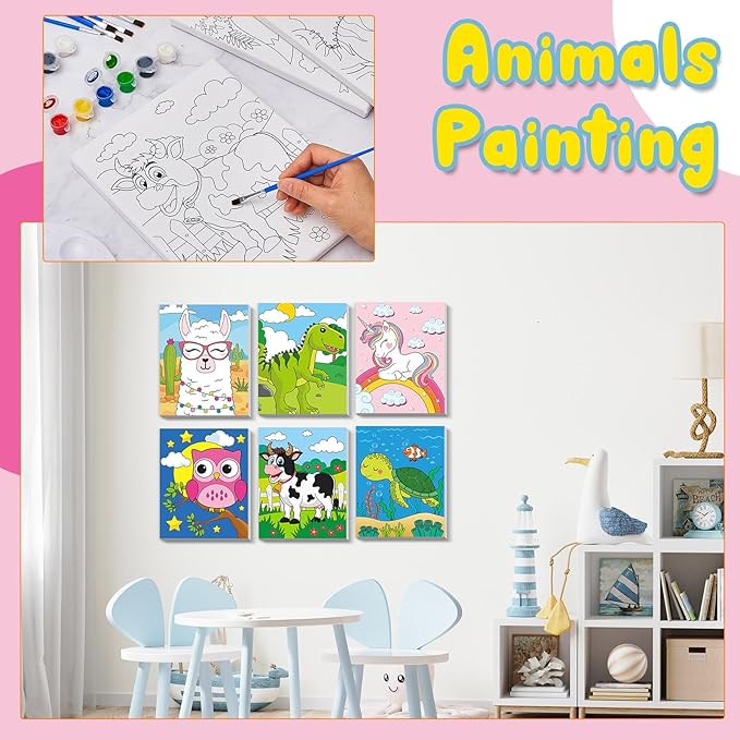 Ireer 84 Pcs 12 Sets Paint Party Kits Animal Pre Drawn Canvas, Wooden Easel, Paintbrushes, Palette, Acrylic Paints and Aprons, Pre Drawn Canvas to Paint for DIY Birthday Party Gift(8 x 10 Inches)