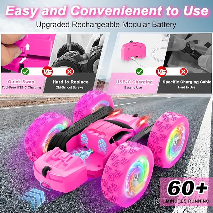 Remote Control Car, RC Cars for Girls, 2.4 GHz Double Sided RC Crawler with Upgraded USB-C Modular Battery, 360°Rotating Car Toys for 6 7 8 9 10 11 12 Year Old Girl Birthday Gift Rose