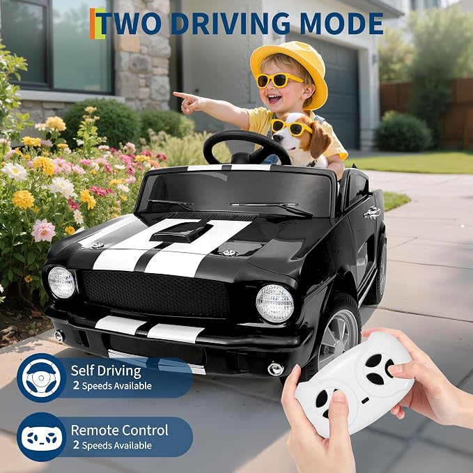 Garvee Ride on Licensed Shelby GT350, 12V Ride on Toys for Toddlers with Remote Control, Licensed Ford Shelby Kids Electric Vehicle with Safety Belt, 2 Speeds, Headlight, Upgraded Panel, Black
