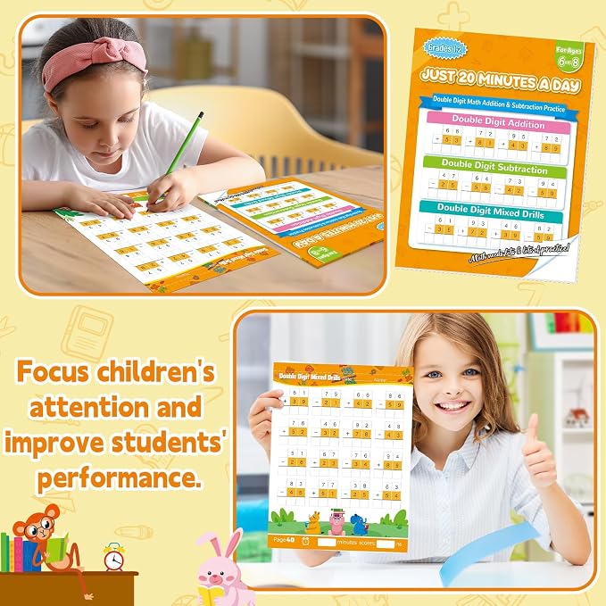 Addition and Subtraction Workbook Double Digit Math Problem Workbook for 1st Grade 2nd Grade 3rd Graders, Addition&Subtraction Worksheets for Ages 5-9, Math Repetition Exercise Daily, 56 Pages