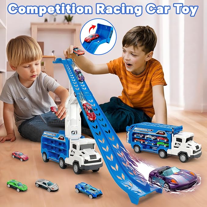 Kids Toys for 3 4 5 6 7 8 Years Old Boys, Carrier Truck Transport Car Toys, Foldable 2 Layer Car Race Track Playset with 25-in Race Track, 6 Metal Toy Cars, Birthday Toy Gift for Toddler-Blue