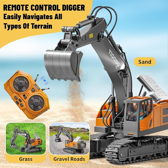 Remote Control Excavator Toy, 11 Channel RC Construction Digger with Metal Shovel, Lights & Sounds, 2.4GHz Rechargeable All-Terrain Excavator for Kids 3-14, Perfect for Sand, Dirt & Outdoor Play