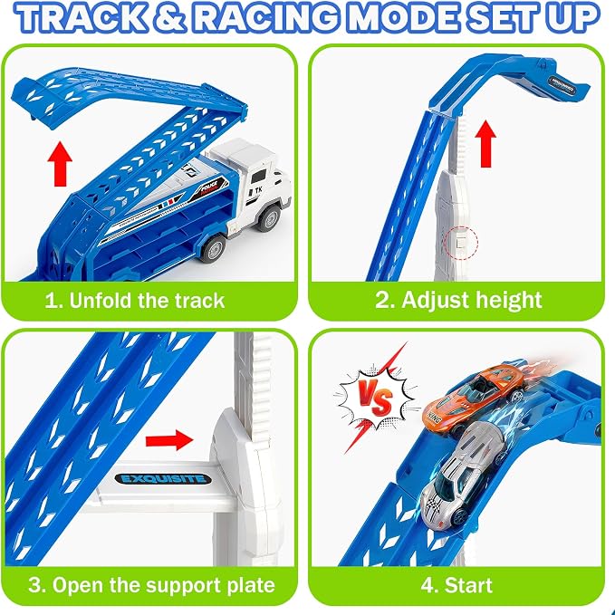 Kids Toys for 3 4 5 6 7 8 Years Old Boys, Carrier Truck Transport Car Toys, Foldable 2 Layer Car Race Track Playset with 25-in Race Track, 6 Metal Toy Cars, Birthday Toy Gift for Toddler-Blue