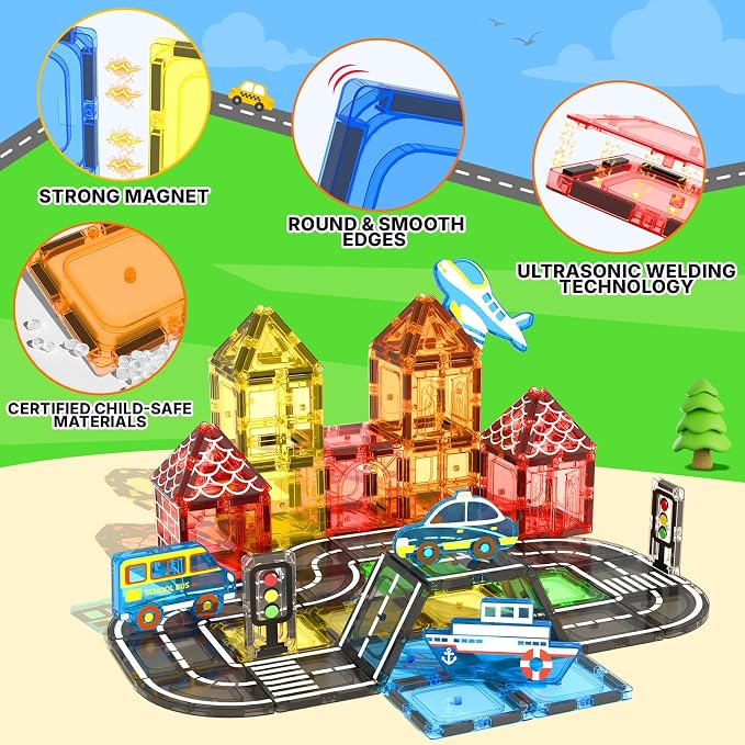 Magnetic Tiles Road Set, STEM Magnetic Building Blocks for Toddlers Kids Ages 3-5 4-8, Birthday for 3+ Year Old Boys Girls