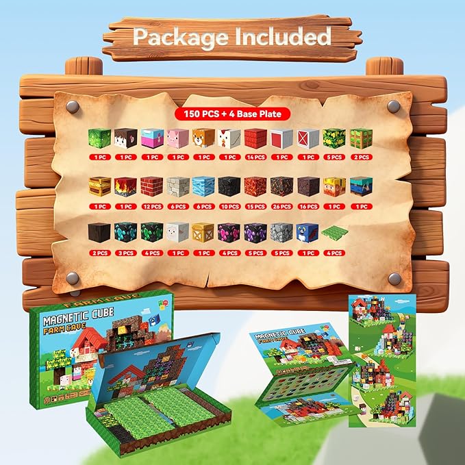 150 PCS Magnetic Blocks, Magnetic Building Blocks Cubes, Farm Magnet Toys for Kids Ages 3+, Magnet Blocks with 4 Bottom Plate for Boys, STEM Toys & Ideal Christmas Birthday Gift