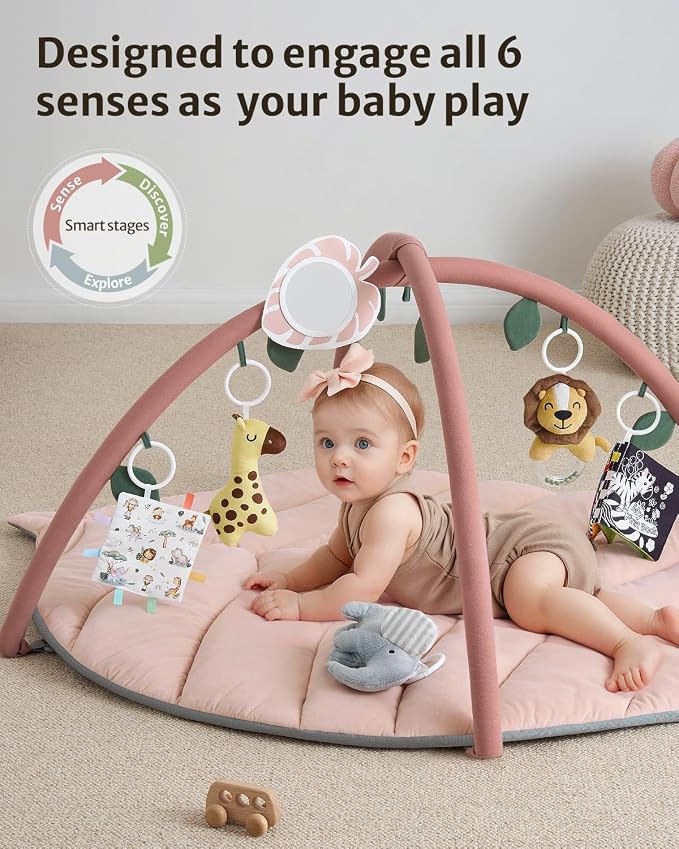Blissful Diary Baby Play Gym & Activity Mat, Oversize Leaf Shaped Tummy Time Baby Play Mat w 6 Detachable Toys Promotes Motor Skills & Sensory Development, Newborn Infant Essentials Gift, Crystal Pink