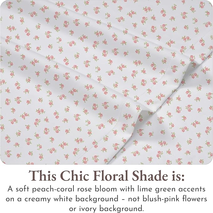 California Design Den Floral Pattern Bed Sheet Set Queen Size, 100% Cotton Sateen Deep Pocket Queen Sheets & Pillowcase Set - Chic Floral