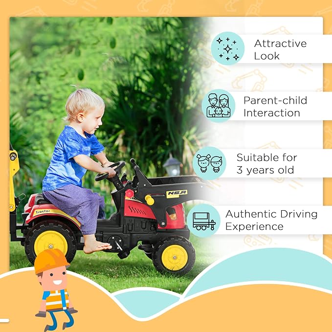 Aosom 3 in1 Kids Ride On Excavator/Bulldozer, Pedal Car Digger Toy Move Forward/Back with 6 Wheels and Detachable Cargo Trailer