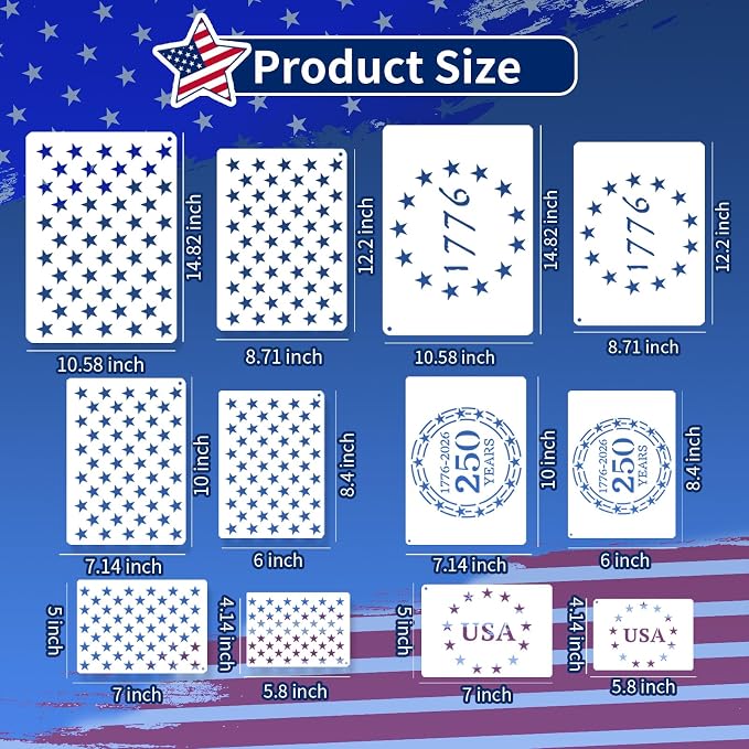 12 PCS Independence Day Stencils for Painting - Reusable USA Flag Patriotic Painting Templates, Red White and Blue Party Supplies for 4th of July Memorial Day Painting Stencil for DIY Decoration
