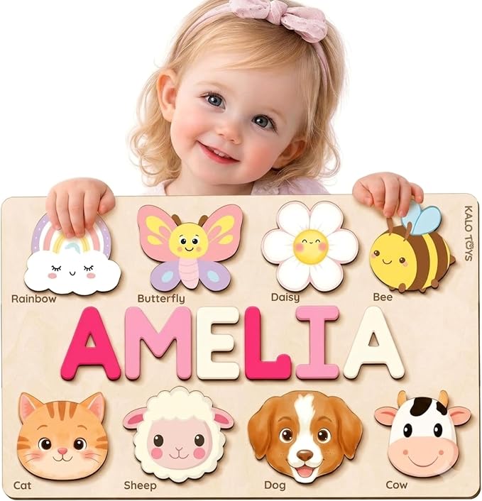 Personalized Name Puzzle for Toddlers 1-3, Custom Wooden Name Puzzle Gift for Baby Girls Boys, Personalized Baby Shower & First Birthday Gift, Montessori Learning Toy, CPC Certified (Animal Puzzle)