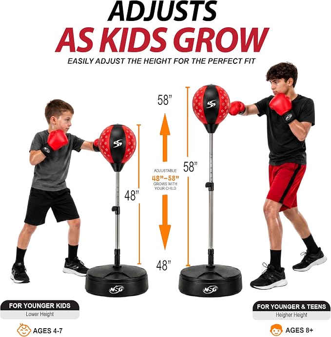 NSG Punching Bag for Kids & Boxing Gloves Set - Adjustable Freestanding Speed Bag with Spring-Loaded Stand, Junior Boxing Gloves & Hand Pump - Portable, Easy Assembly for Boys, Teens, Toddlers Ages 4+