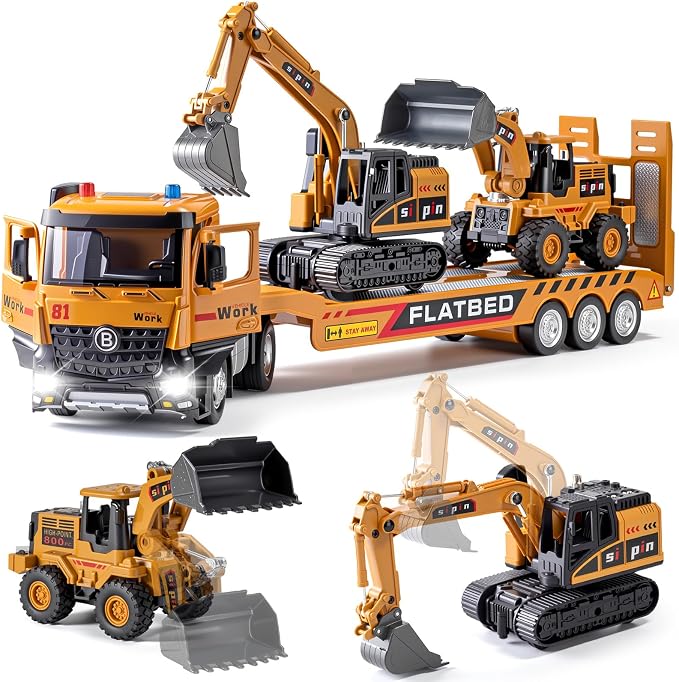 Kids Construction Toy Set Metal Cab, Semi Truck, Excavator, Bulldozer, Die-cast Engineering Construction Vehicles Truck Toys with Lights & Sounds, Ideal Gift for 3 4 5 6 7 Years Old Boys Toddlers