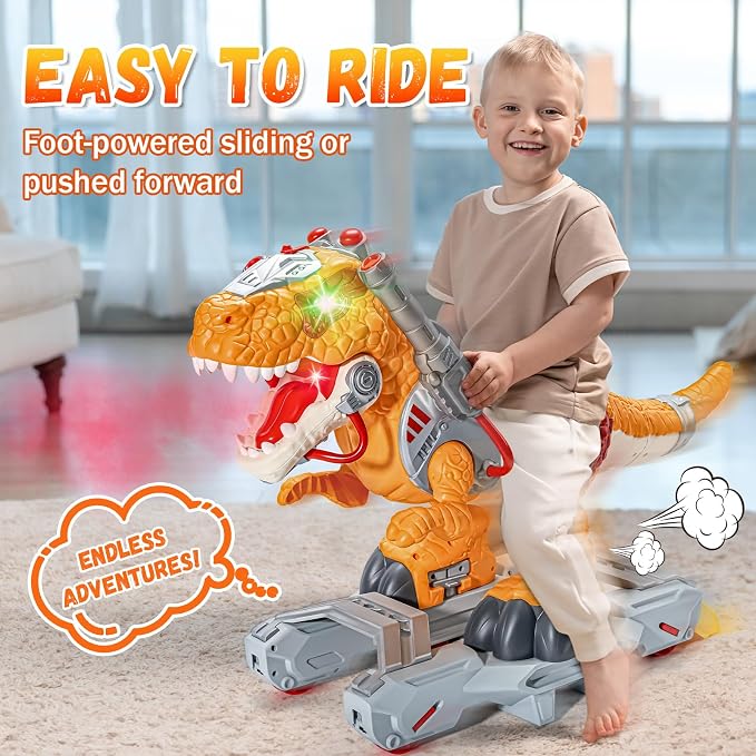 Kids Electric Dinosaur Ride On Toys, Toddler Ride On Cars with Music, Light & Smoke, Preschool Kids Scooter Foot-to-Floor Walker, Toddler Electric Car Toy Chrismas Birthday Gifts Indoor Outdoor,Yellow