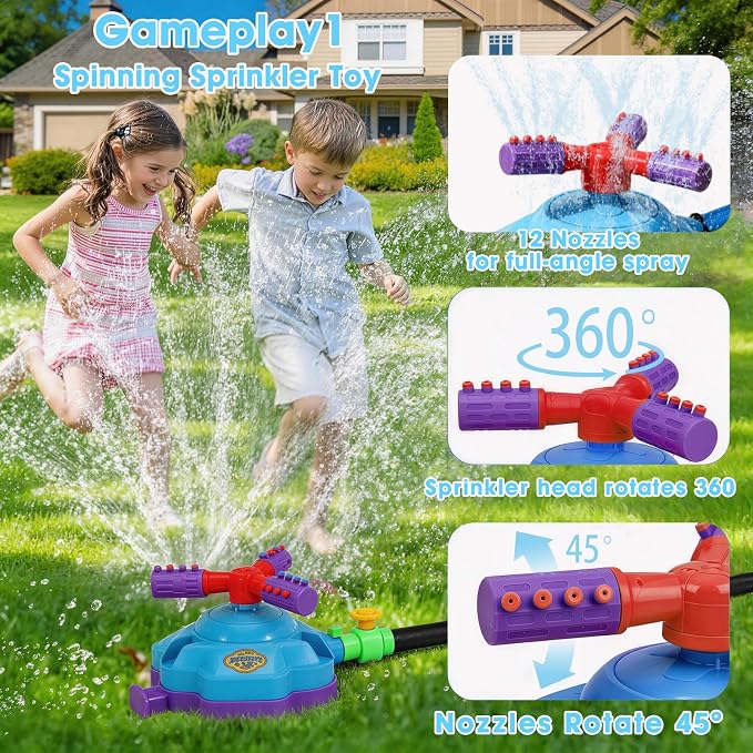 4-in-1 Water Sprinkler Toys for Kids, Outdoor Water Baseball, Rotating Water Spray, Rocket Launcher for Toddlers 3-5, Backyard, Garden, Lawn, and Pool Summer Playset for Boys and Girls Aged 4-12.