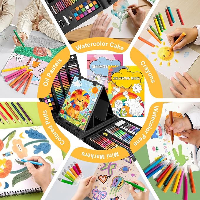 GOTIDEAL Kids Art Kit,Art Supplies for Kids,210 PCS Art Set with Double Sided Trifold Easel,Coloring Book, Crayons, Markers, Watercolor Pens, Arts & Crafts,Gift for 4-12 Year Old(Black)