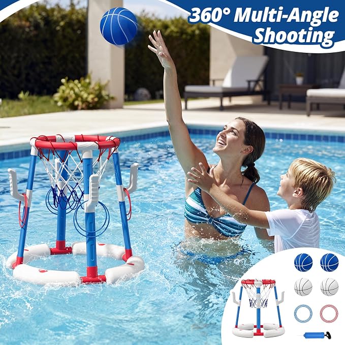 HYES 2 in 1 Pool Basketball Hoop with Ring Toss, Floating Pool Toys - Anti-Tip Stable Base - with 4 Balls/8 Rings/Pump - Summer Water Basketball Games Indoor Outdoor Gifts for Kids 4-8 & Adults, Red