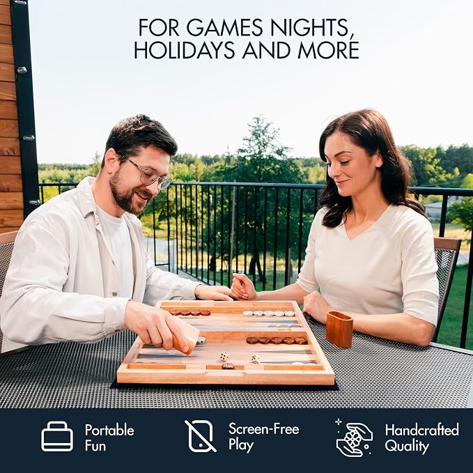 Pointworks 17 Inch Chess Checkers Backgammon Set for adults, Wooden chess set combo, portable folding two sided board multi game design, maple walnut inlay with large weighted pieces, acrylic checkers