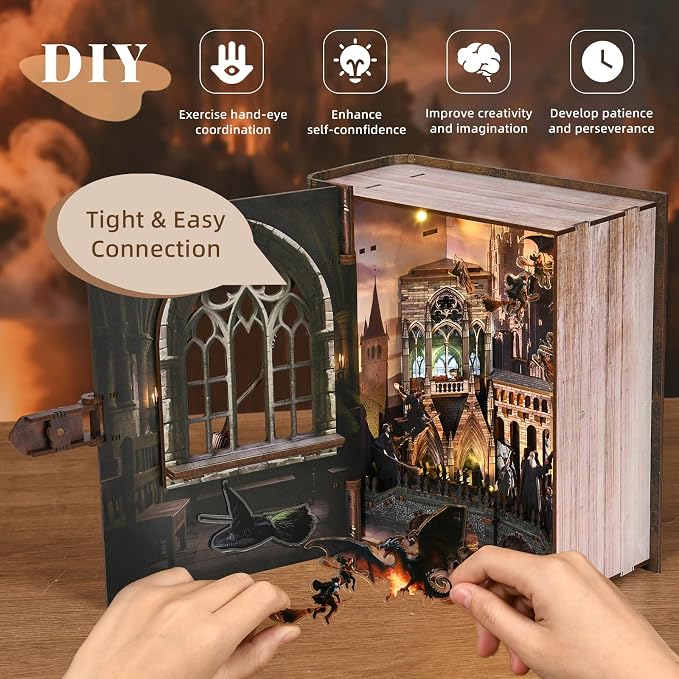 CCCDF Book Nook Kit, DIY Miniature Dollhouse Magic Book for Adults and Teens, 3D Wooden Puzzle Bookends with Sensor Led Light, Gifts for Family, Friends (Introduction to Magical Flight)
