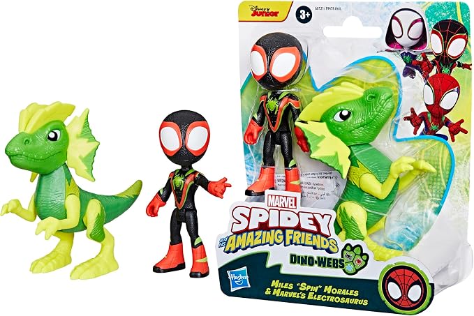 Spidey and his Amazing Friends Marvel Dino-Webs, Miles Spin Morales & Marvel's Electrosaurus Action Figures, Super Hero Toys for Kids Ages 3 and Up