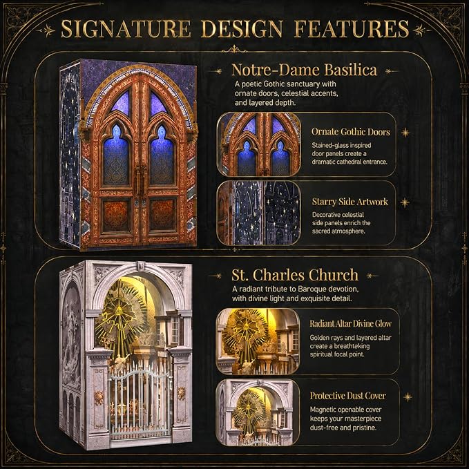 2 Pack DIY Dollhouse Kit, European Sacred Church Miniature with LED Light & Dustproof Design, Easy Assembly Wooden Architecture Craft for Adults Bookshelf Decor Creative Gift