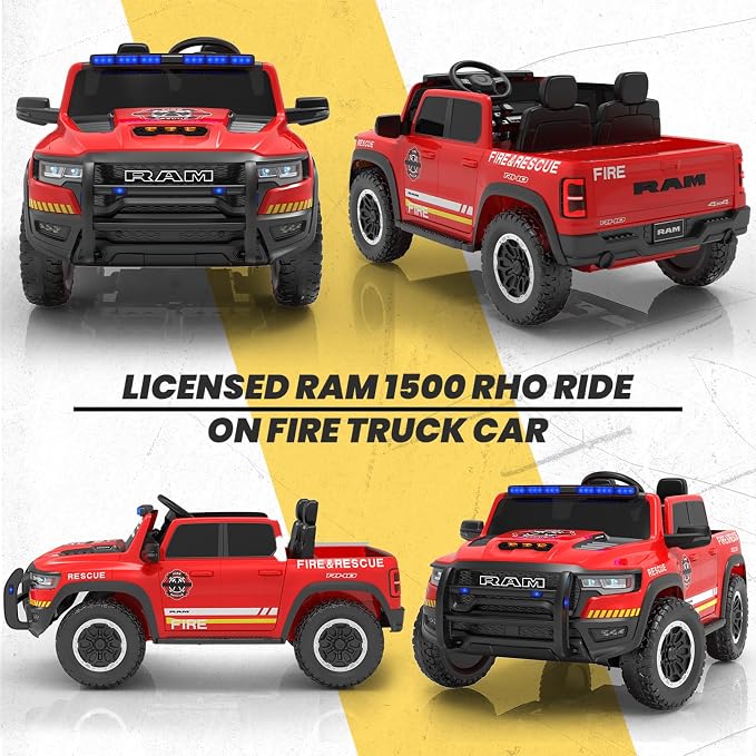 24V Ride On Fire Truck with Remote Control, 2 Seater RAM 1500 Electric Fire Engine for Kids, LED Lights, Siren & Megaphone, Slow Start, 3 Speeds, Spring Suspension, Battery Powered Ride On Car