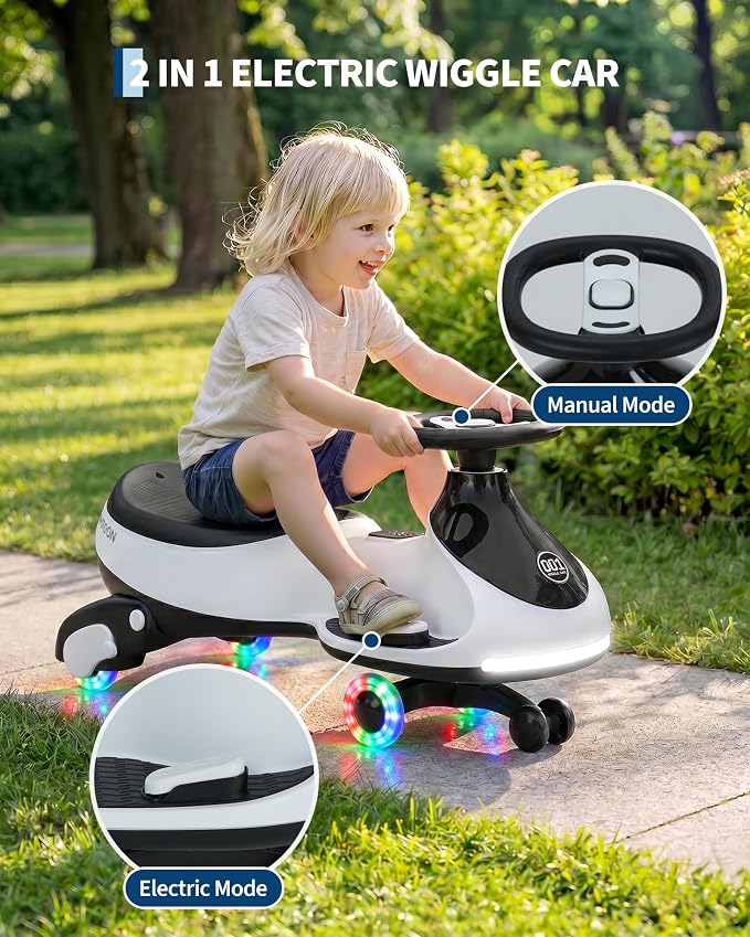 Garvee 12V Electric Wiggle Car for Kids, 2 in 1 Swing Car with Pedal, Anti-Rollover, Max Load 130Lbs,Flashing Wheels, Music,Rechargeable Battery Ride on Toy Indoor Outdoor for Toddlers, White