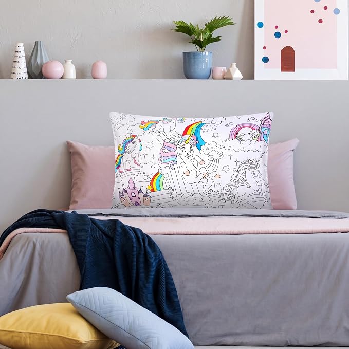 Mindsoft Coloring Craft Coloring Pillowcase Unicorn Pillowcase with 12 Pcs Markers Pens for Decoration Supplies Craft, 28.7 x 19.7 Inch